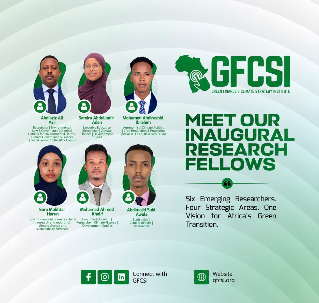 GFCSI inaugural research fellows, 2026–2027 cohort, featuring six researchers.
